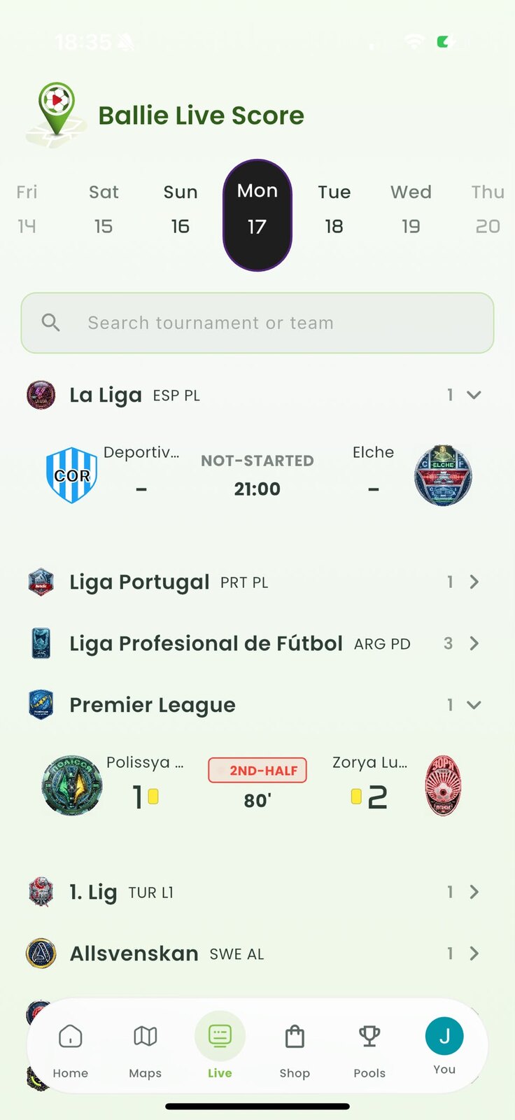 Ballie Livescore app-scherm